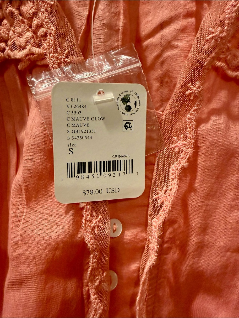 Free People Mauve Glow Lace Trim Button Front Blouse NWT Size S - Picture 3 of 6